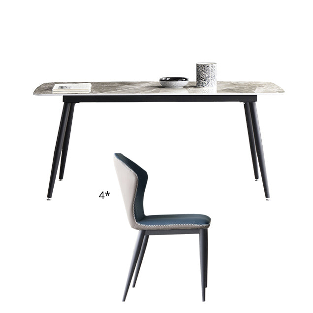 Minimalistische stijl eettafel ingesteld met rechthoekige vormtafel en gestoffeerde stoelen