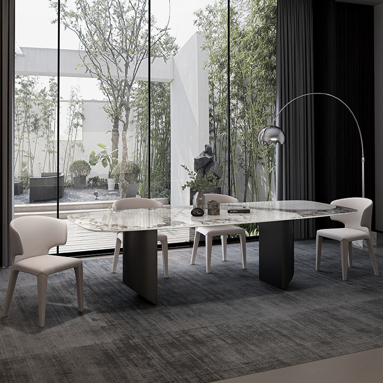 Modern Sintered Stone Table Set of 3/5 with Rectangle Table Dining Set with Black 3 Legs