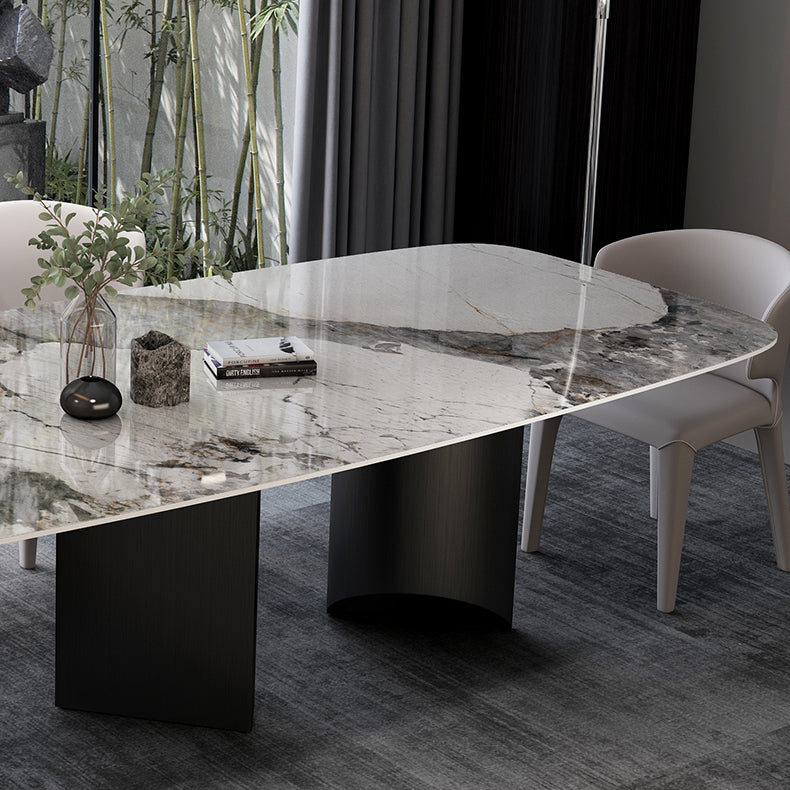 Modern Sintered Stone Table Set of 3/5 with Rectangle Table Dining Set with Black 3 Legs