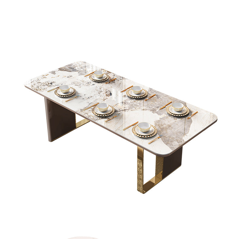 Moderne gesinterde stenen tafel set van 5/7 met rechthoektafel dinerset met gouden dubbele voetstuk