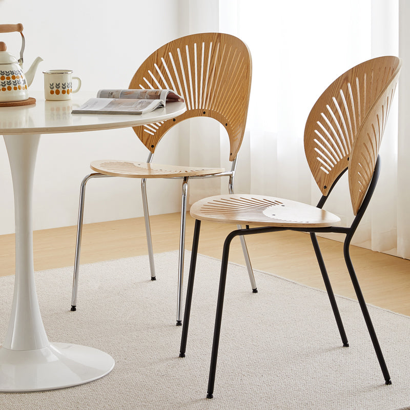 Chaise d'appoint de salle à manger en bois scandinave, chaises à dossier ouvert en forme de coquille avec pieds en métal