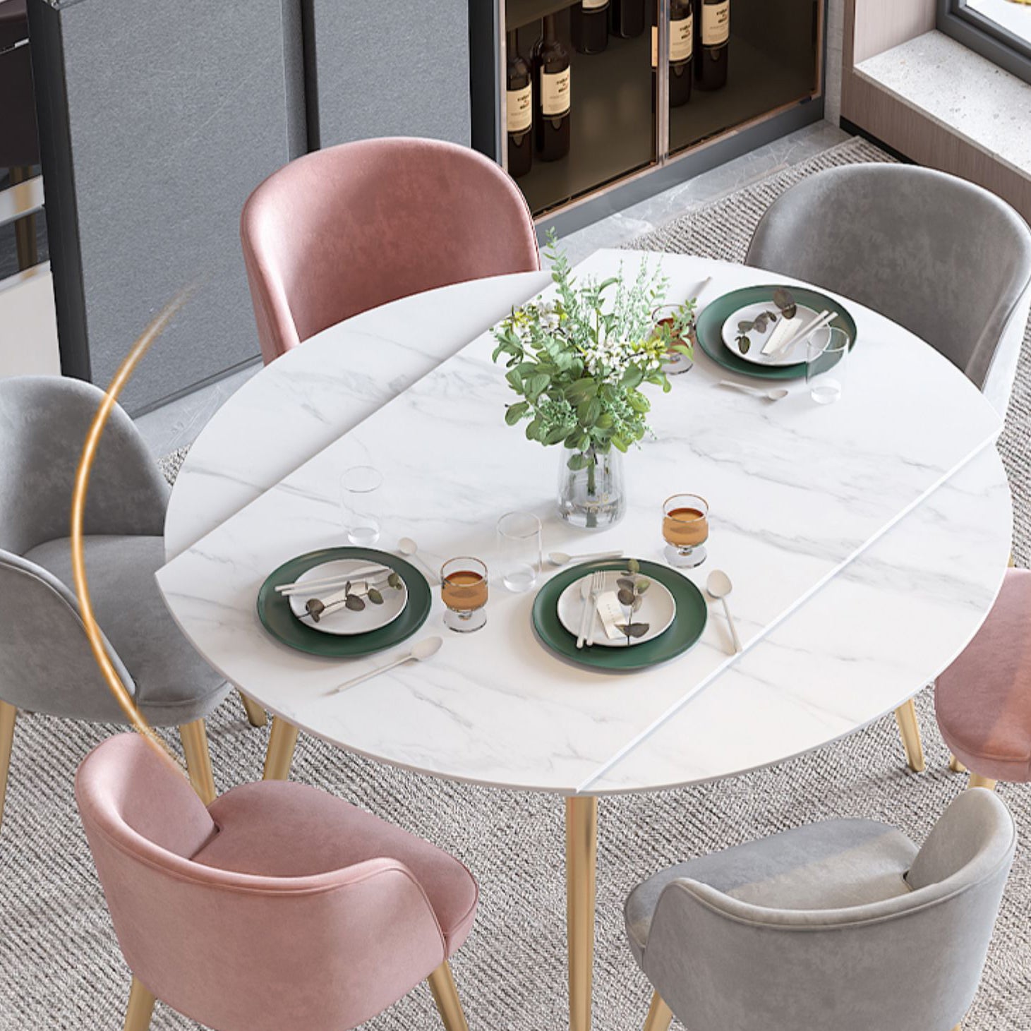 Scandinavian Sintered Stone Top Dining Set Round Table Dining Furniture with Drop Leaf