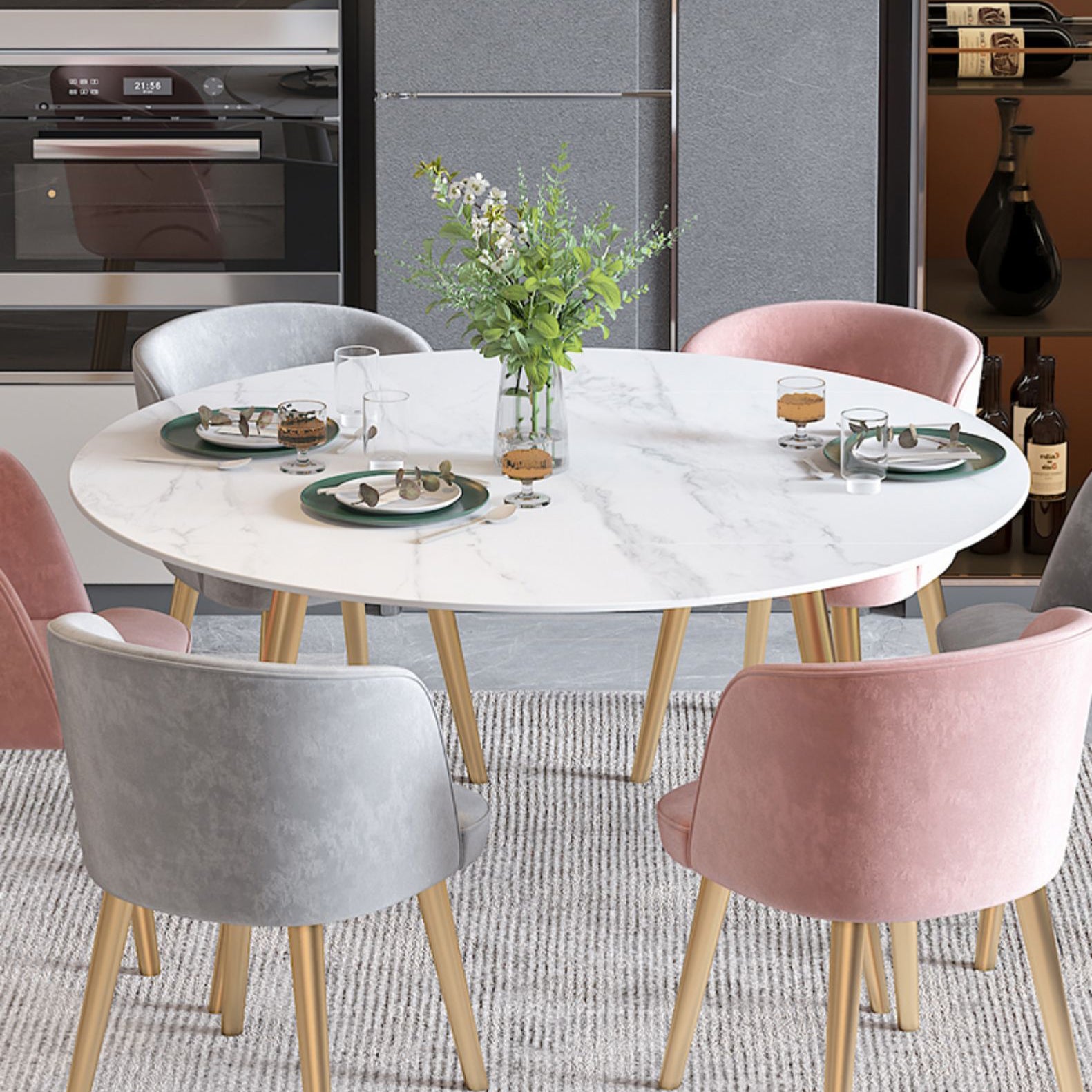 Scandinavian Sintered Stone Top Dining Set Round Table Dining Furniture with Drop Leaf