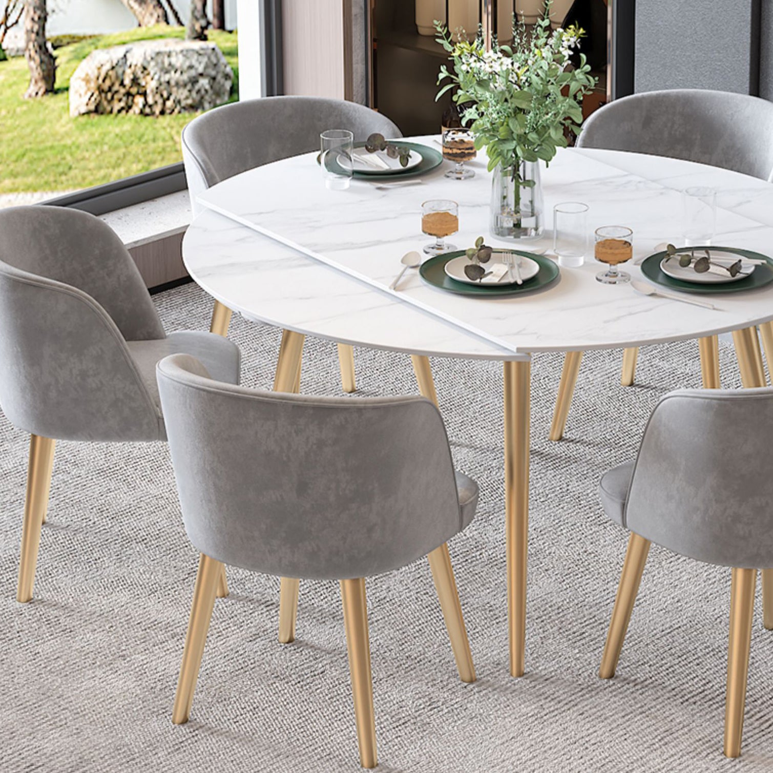 Scandinavian Sintered Stone Top Dining Set Round Table Dining Furniture with Drop Leaf