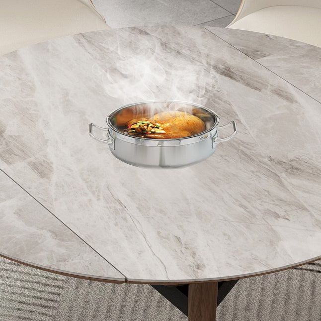 Contemporary Style Sintered Stone Dining Table with Grey Self-Storing Leaf and 4 Legs Base