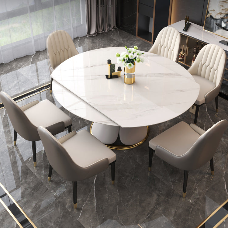 Contemporary Style Sintered Stone Dining Table with Built-in Storage Layer and Pedestal Base