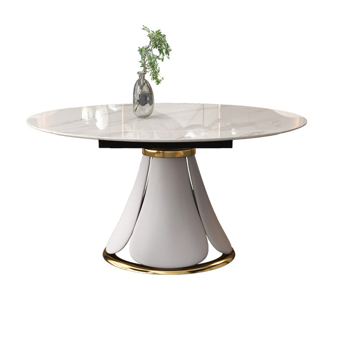 Contemporary Style Sintered Stone Dining Table with Built-in Storage Layer and Pedestal Base