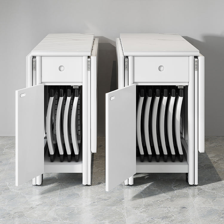 Mesa de comedor de piedra sinterizada de estilo contemporáneo con hoja blanca y base de caballete