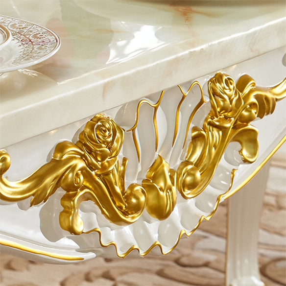 Victorian Style Marble Dining Set with Yellow Table and 4 White Legs Base for Home Use