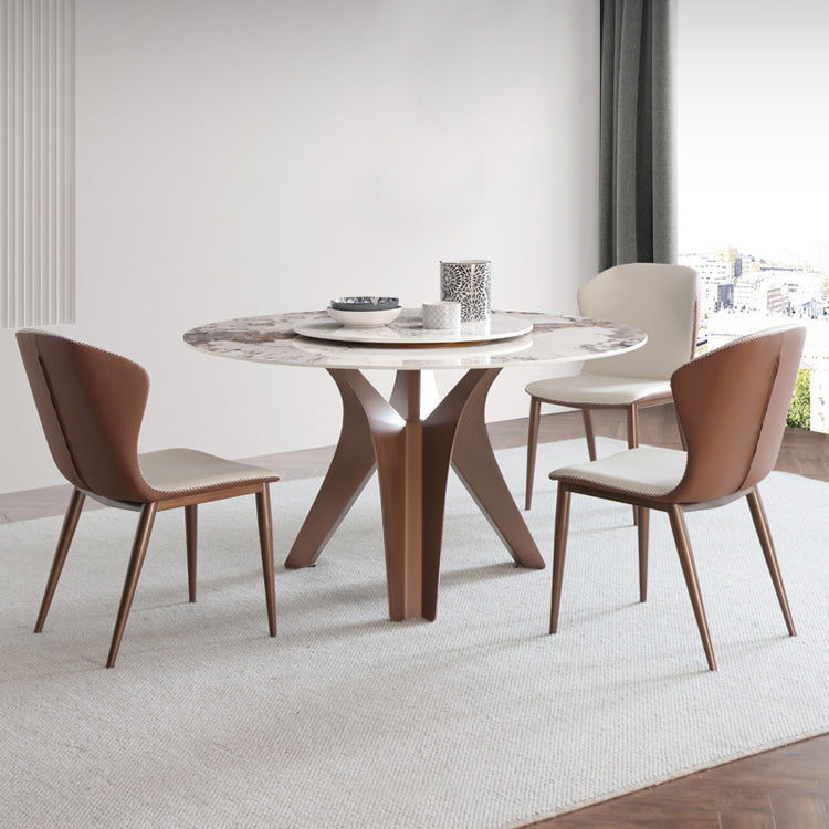 Nordic Sintered Stone Table Set of 5/7 with Rotatable Round Table Dining Set with Leather Chairs