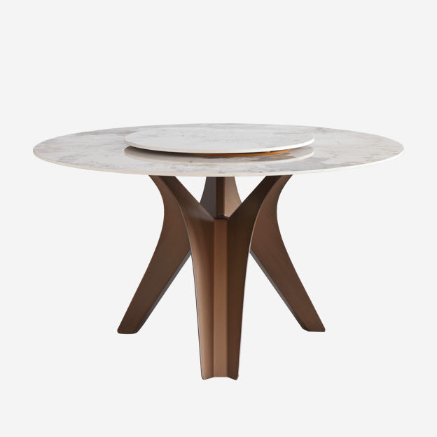Nordic Sintered Stone Table Set of 5/7 with Rotatable Round Table Dining Set with Leather Chairs