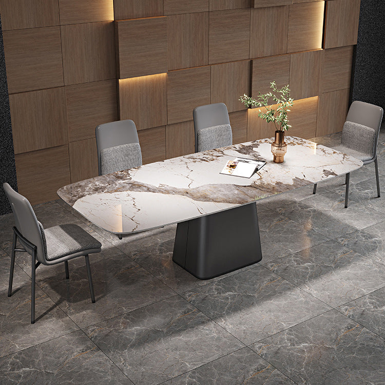 Modern de mesa de piedra sinterizada de 5/7 con mesa de comedor de mesa rectangular con sillas de cuero de tela