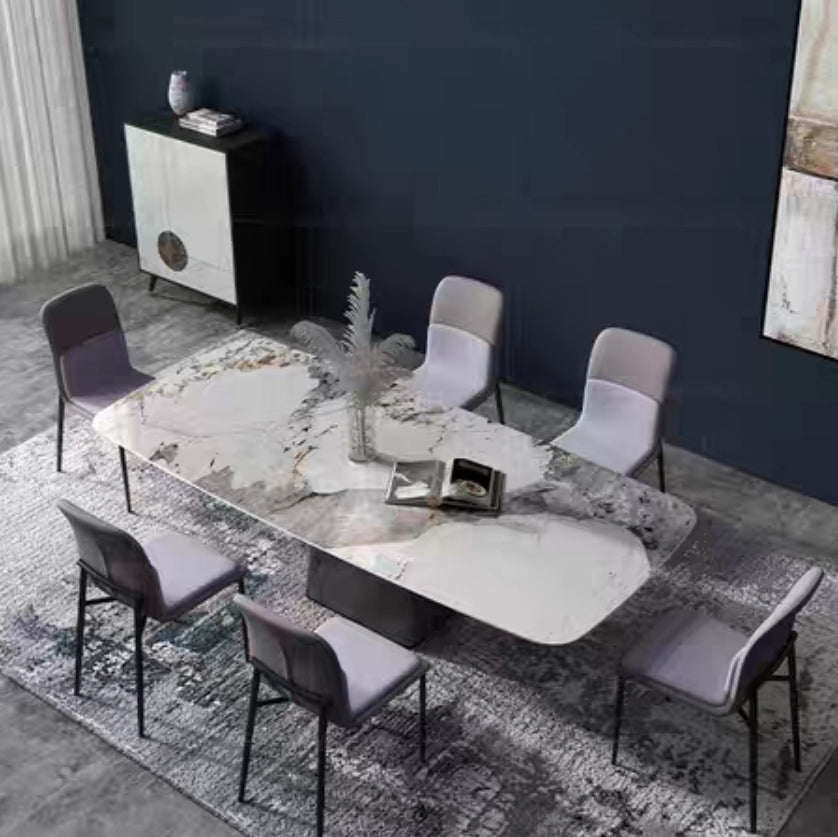 Modern de mesa de piedra sinterizada de 5/7 con mesa de comedor de mesa rectangular con sillas de cuero de tela