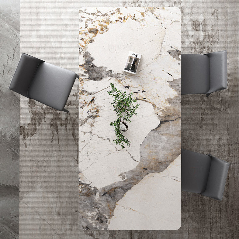 Modern de mesa de piedra sinterizada de 5/7 con mesa de comedor de mesa rectangular con sillas de cuero de tela