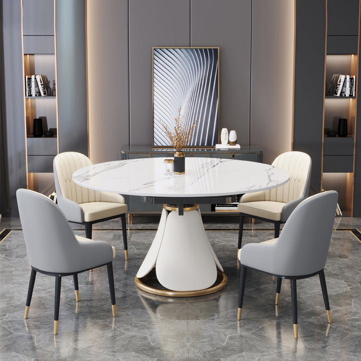 Nordic Round Sintered Stone Dining Table of 5/7 with Metal Base Foldable Dining Set for Restaurant