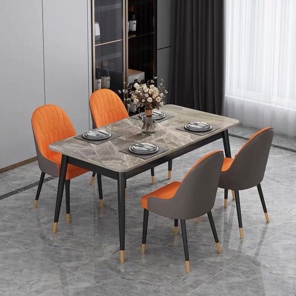 Fixed Minimalist Sintered Stone Top Kitchen Table Set of 4 Black Legs for Dining Room