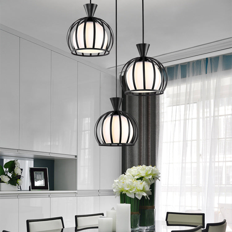 Metal Dome Cage Ceiling Pendant with Milk Glass Shade Retro Style 3 Bulb Indoor Hanging Light in Black/White