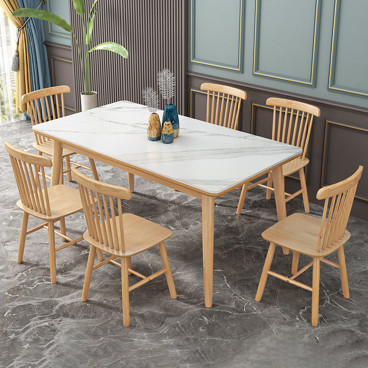 Moderno comedor de piedra sinterizada con mesa rectangular y muebles de mesa de comedor de base de madera