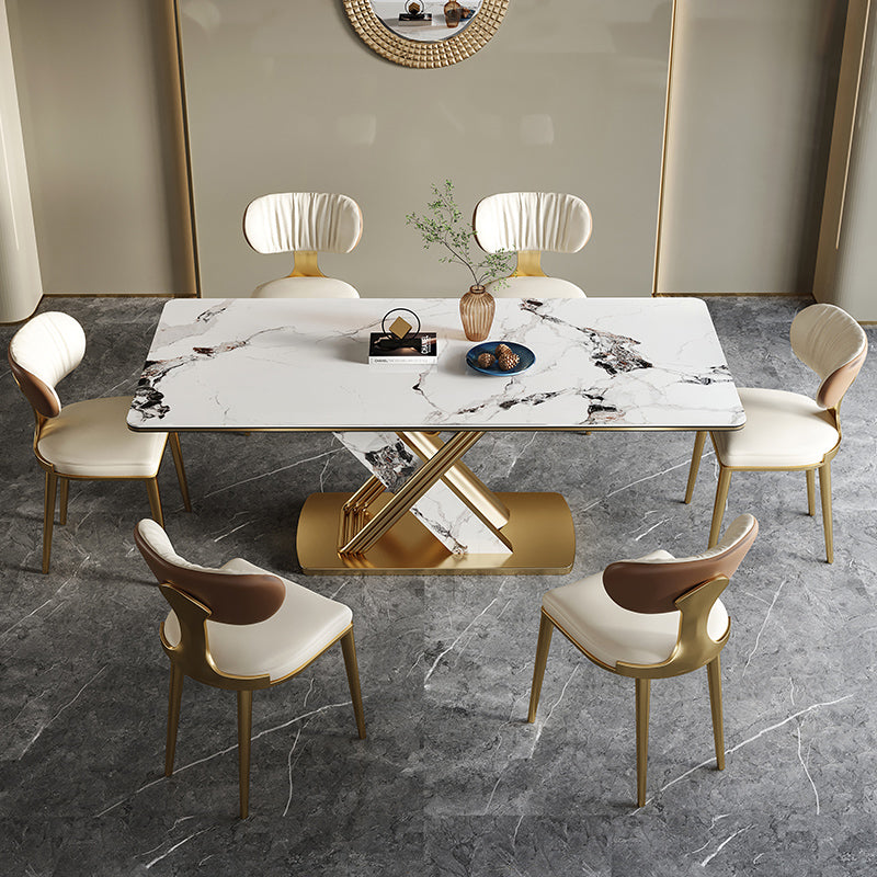 Mesa de comedor de piedra sinterizada de estilo moderno con mesa fija blanca y base de caballete para uso en el hogar