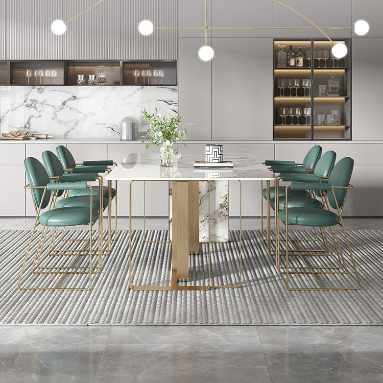 Mesa de comedor de piedra sinterizada de estilo contemporáneo con mesa fija blanca y base de doble pedestal