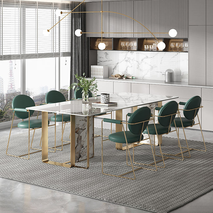 Mesa de comedor de piedra sinterizada de estilo contemporáneo con mesa fija blanca y base de doble pedestal