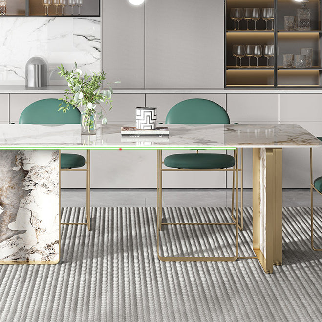 Mesa de comedor de piedra sinterizada de estilo contemporáneo con mesa fija blanca y base de doble pedestal