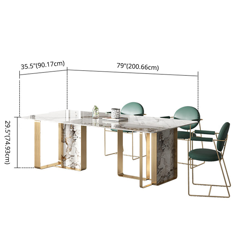 Mesa de comedor de piedra sinterizada de estilo contemporáneo con mesa fija blanca y base de doble pedestal