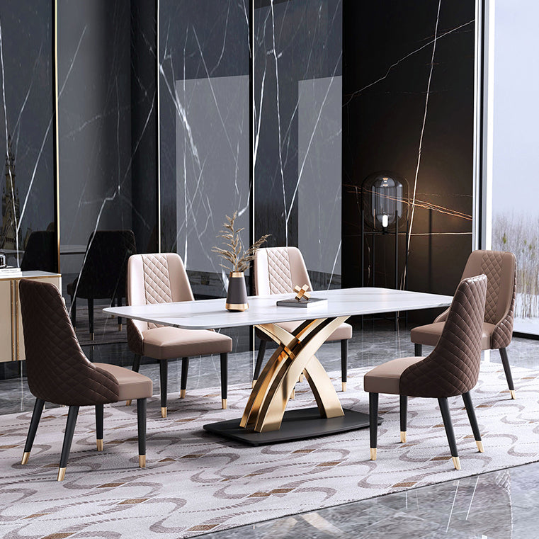 Contemporary Style Sintered Stone Dining Table with White Fixed Table and Gold Trestle Base