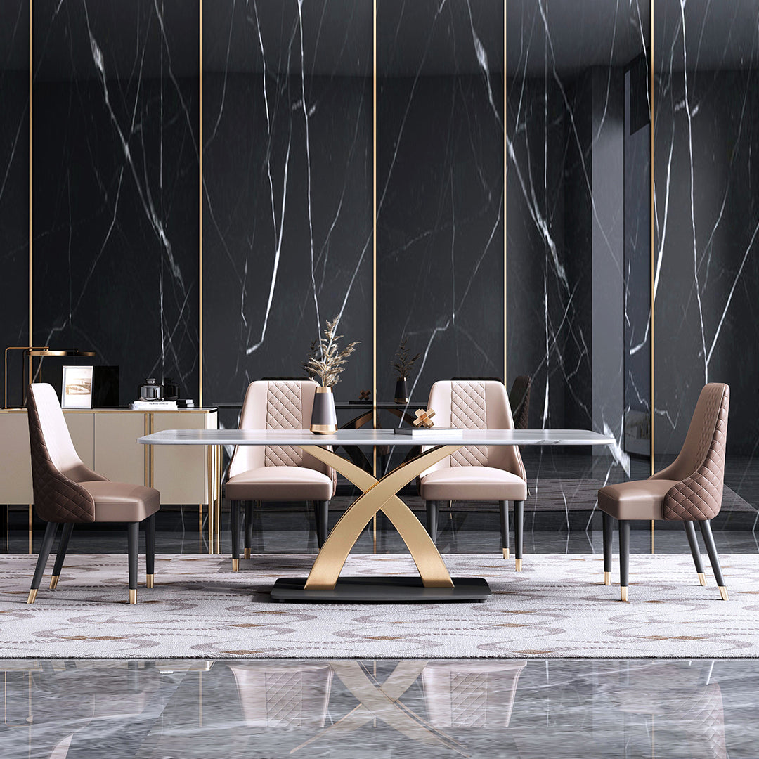 Contemporary Style Sintered Stone Dining Table with White Fixed Table and Gold Trestle Base