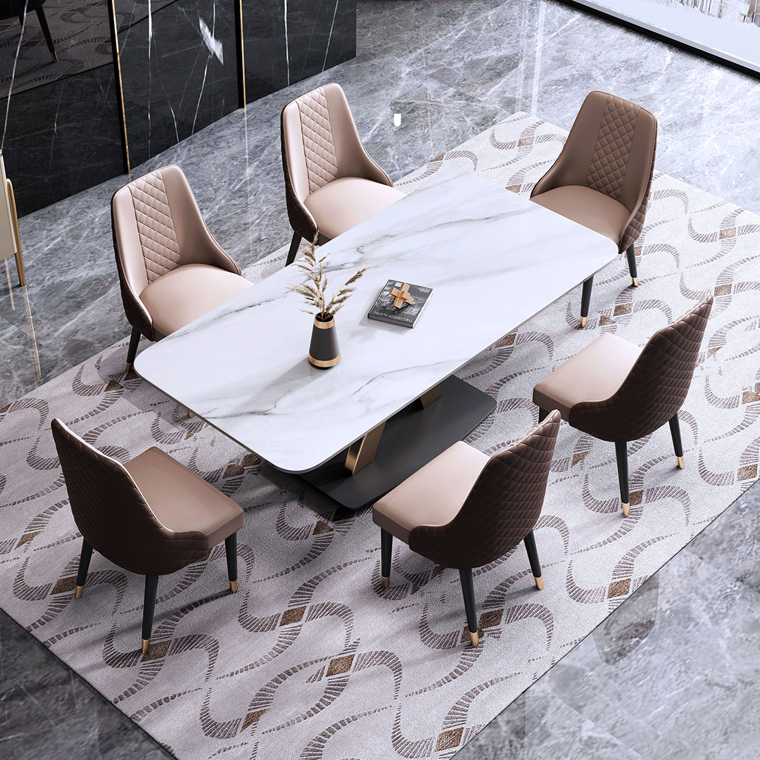 Contemporary Style Sintered Stone Dining Table with White Fixed Table and Gold Trestle Base