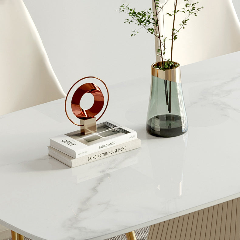 Mesa de comedor de piedra sinterizada de estilo contemporáneo con mesa fija blanca y base de pedestal
