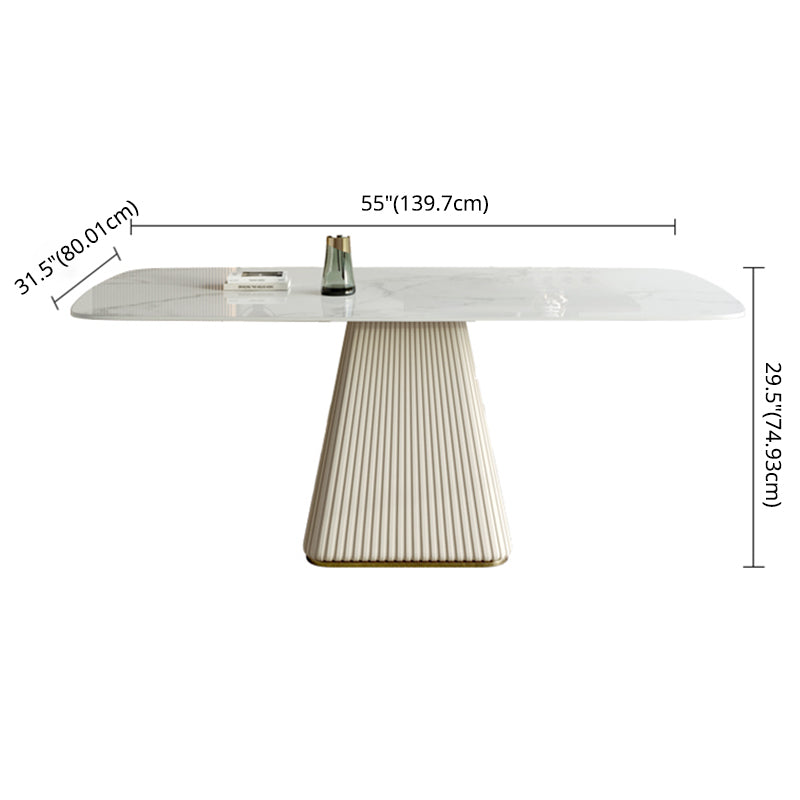 Mesa de comedor de piedra sinterizada de estilo contemporáneo con mesa fija blanca y base de pedestal