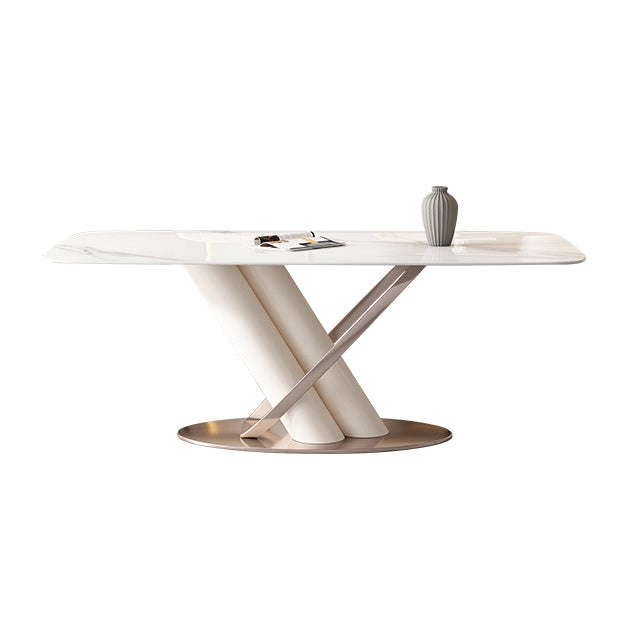 Mesa de comedor de piedra sinterizada de estilo moderno con mesa fija blanca y base de caballete