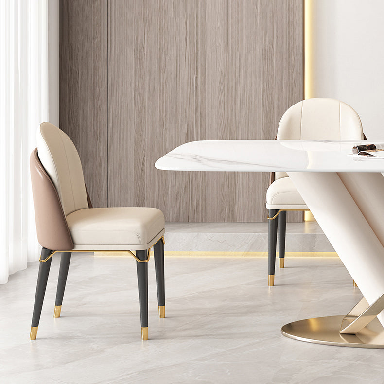 Mesa de comedor de piedra sinterizada de estilo moderno con mesa fija blanca y base de caballete