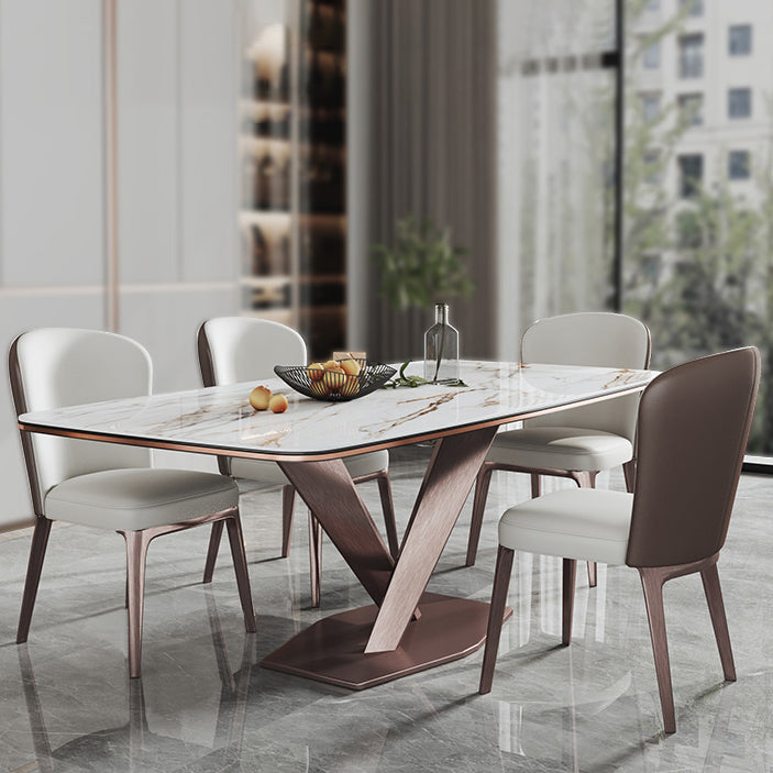 Modern Style Sintered Stone Dining Room Set with Fixed Rectangle Shape Table and Trestle Base