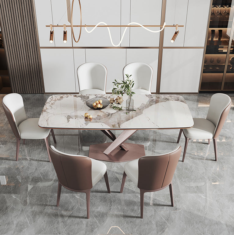 Modern Style Sintered Stone Dining Room Set with Fixed Rectangle Shape Table and Trestle Base