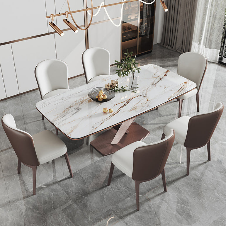 Modern Style Sintered Stone Dining Room Set with Fixed Rectangle Shape Table and Trestle Base