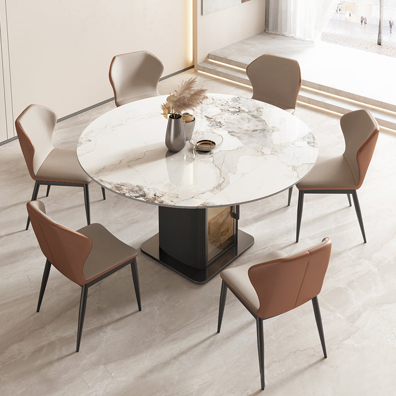 Nordic Sintered Stone Table Set of 5/7 with Round Table Foldable Dining Set with Leather Chairs