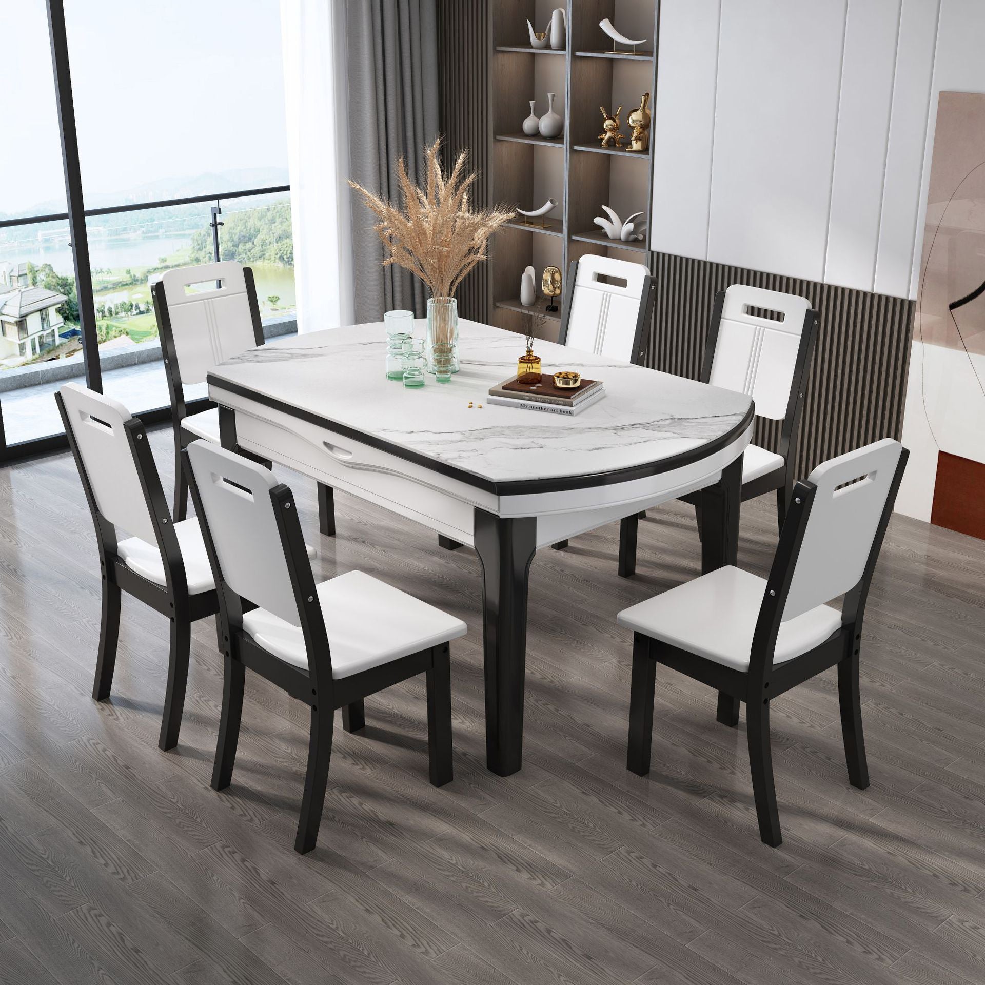 7 Pcs Modern Dining Room Set with Round Table and 4 Legs Base Dining Set with Armless Chairs