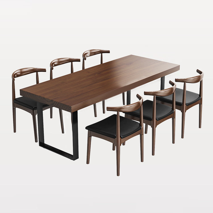 Industrial Style Solid Wood Dining Set with Fixed Table and Double Pedestal Base