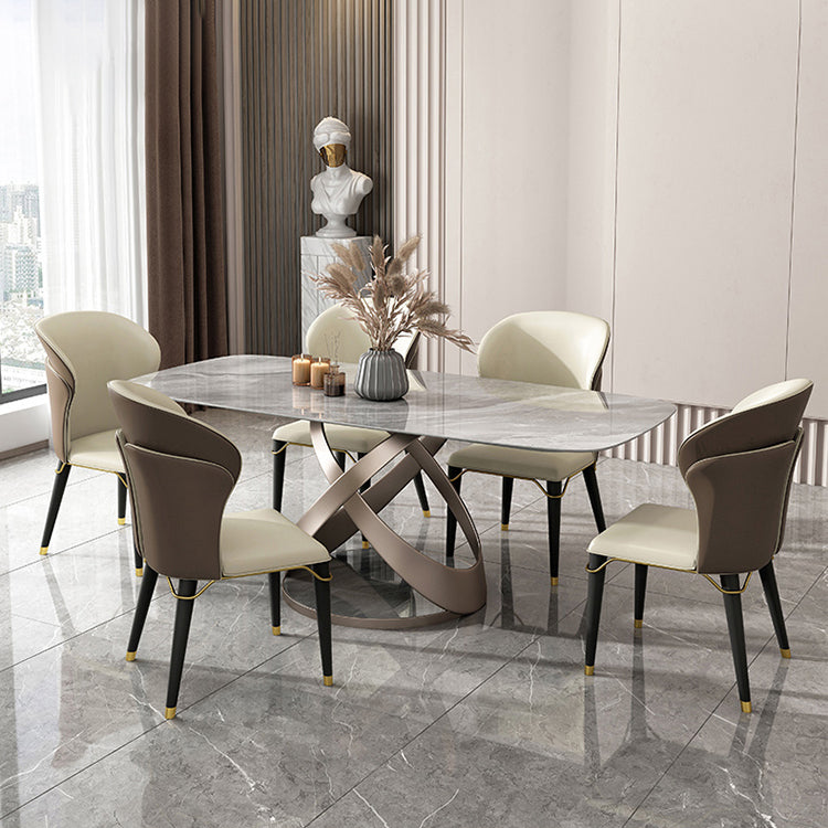 Modern Style Traditional Height Dining Set with Grey Fixed Rectangle Shape Table and Trestle Base