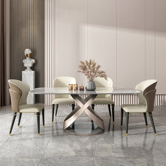 Modern Style Traditional Height Dining Set with Grey Fixed Rectangle Shape Table and Trestle Base