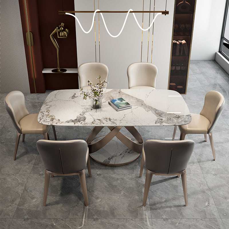 Modern Style Traditional Height Dining Set with Fixed Rectangle Shape Table and Gold Trestle Base