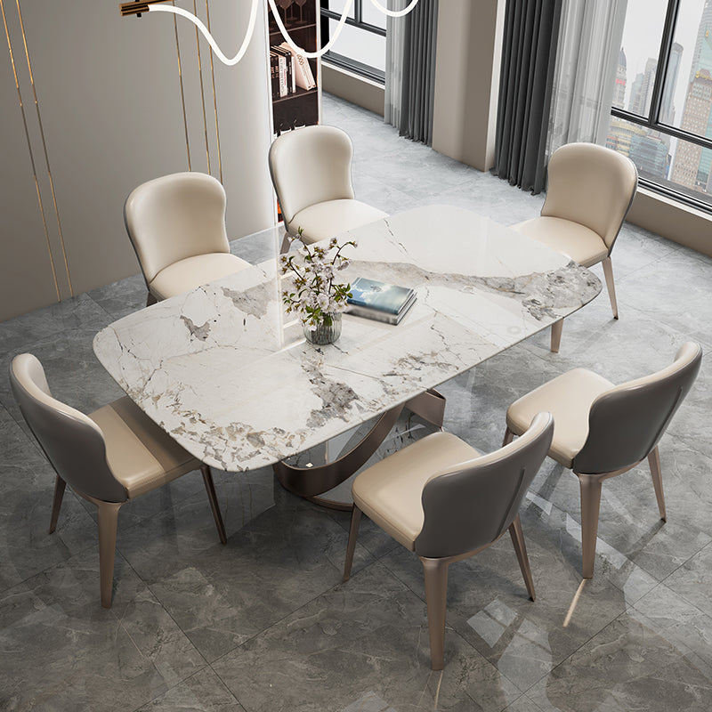 Modern Style Traditional Height Dining Set with Fixed Rectangle Shape Table and Gold Trestle Base