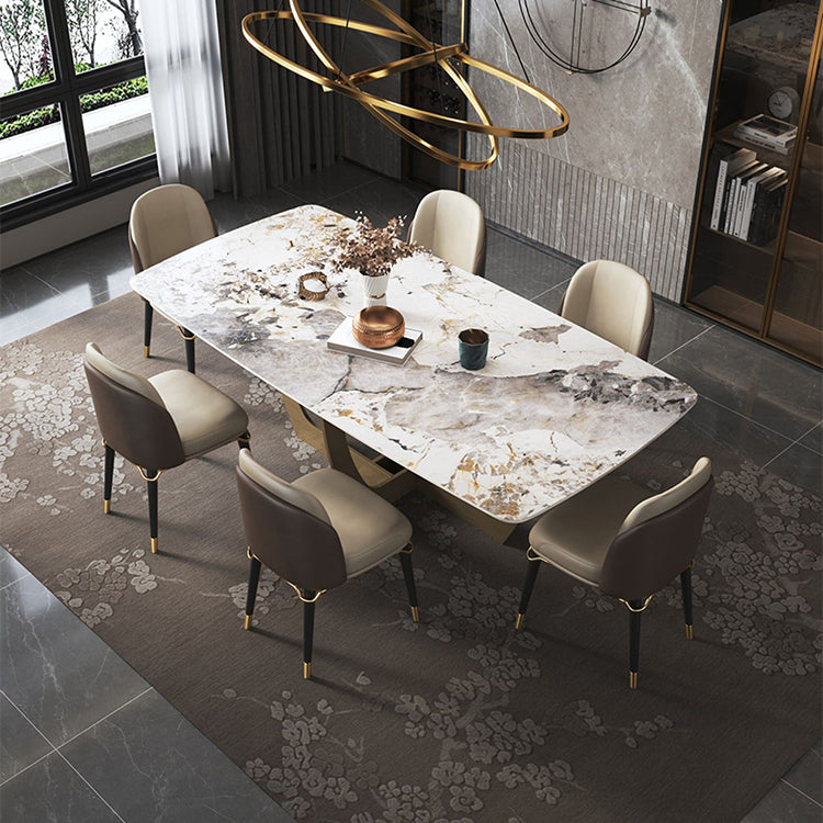 Minimalist Style Sintered Stone Dining Table with Rectangle Shape Fixed Table and Trestle Base