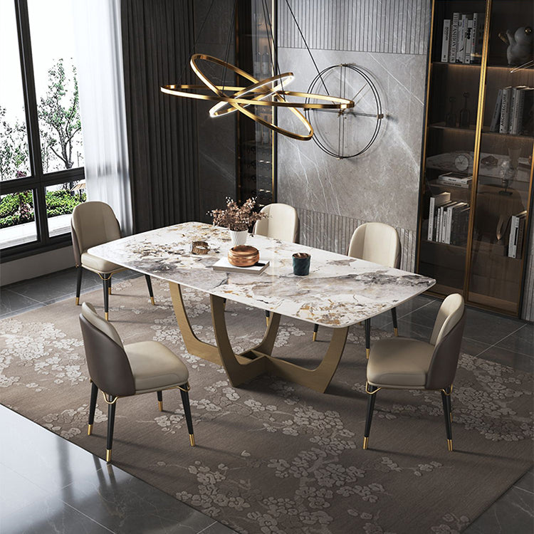 Minimalist Style Sintered Stone Dining Table with Rectangle Shape Fixed Table and Trestle Base