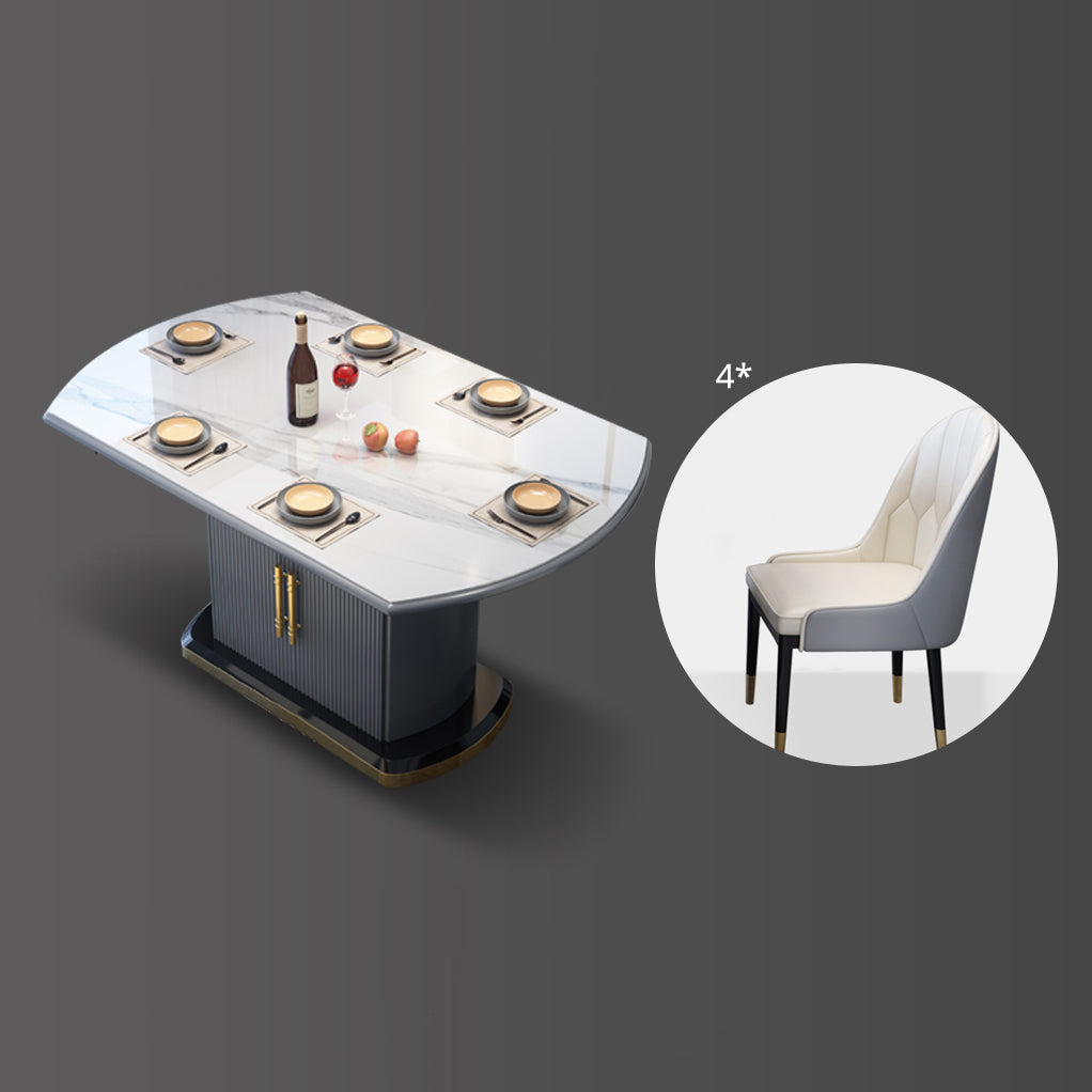 Contemporary Style Sintered Stone Dining Table with Self-Storing Leaf and Pedestal Base