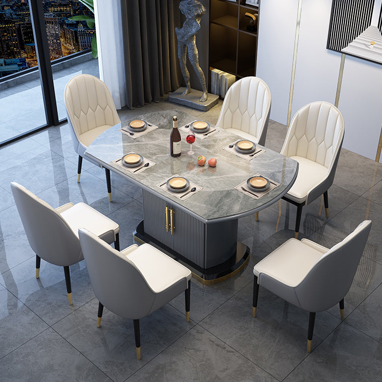 Contemporary Style Sintered Stone Dining Table with Self-Storing Leaf and Pedestal Base