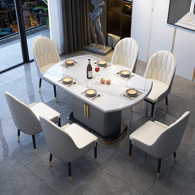 Contemporary Style Sintered Stone Dining Table with Self-Storing Leaf and Pedestal Base