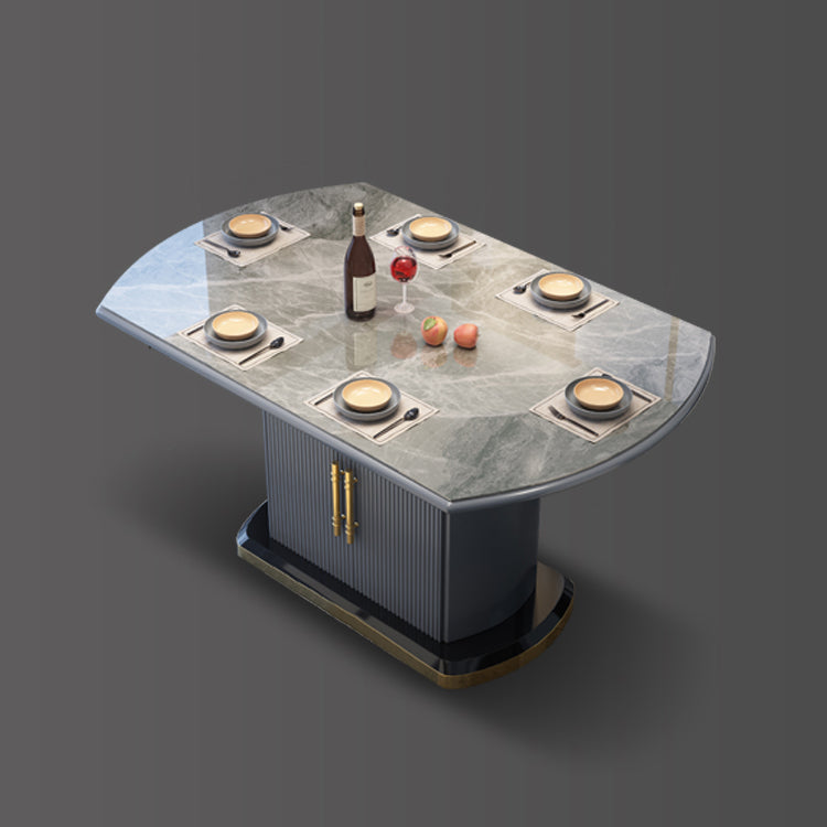 Contemporary Style Sintered Stone Dining Table with Self-Storing Leaf and Pedestal Base